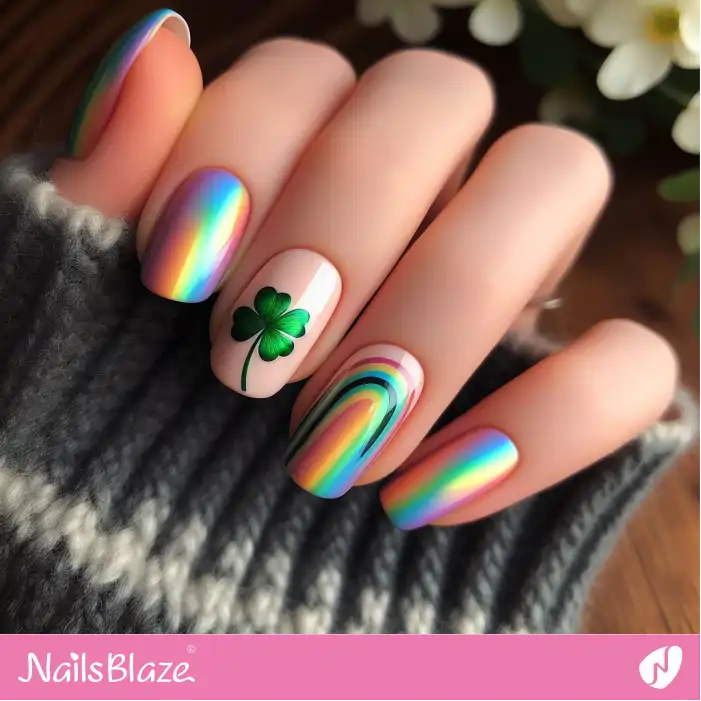 Rainbow Nails with 4-leaf Clover Accent Nail | Nature-inspired Nails - NB1588